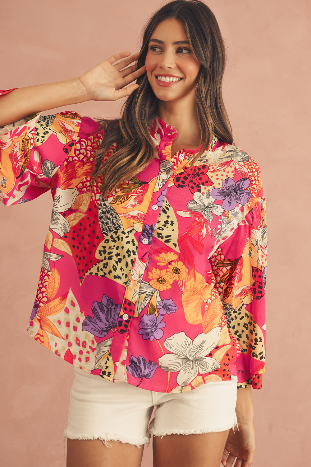 Red Abstract Floral Print Buttoned Ruffle Bubble Sleeve Shirt-True and Wild