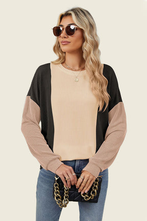 Double Take Texture Contrast Round Neck Long Sleeve T-Shirt-True and Wild