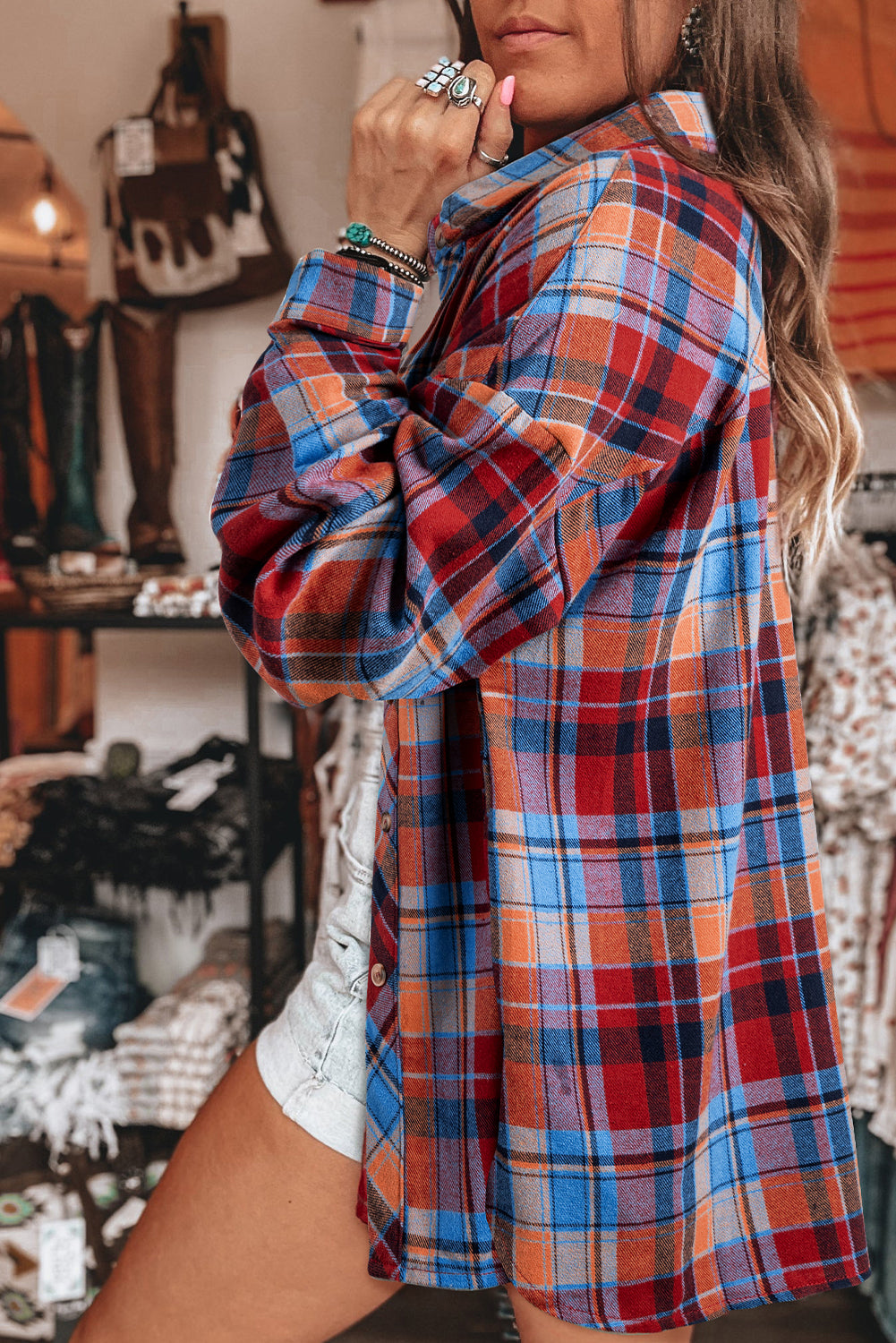 Red Plaid Print Drop Sleeve Loose Shirt-True and Wild