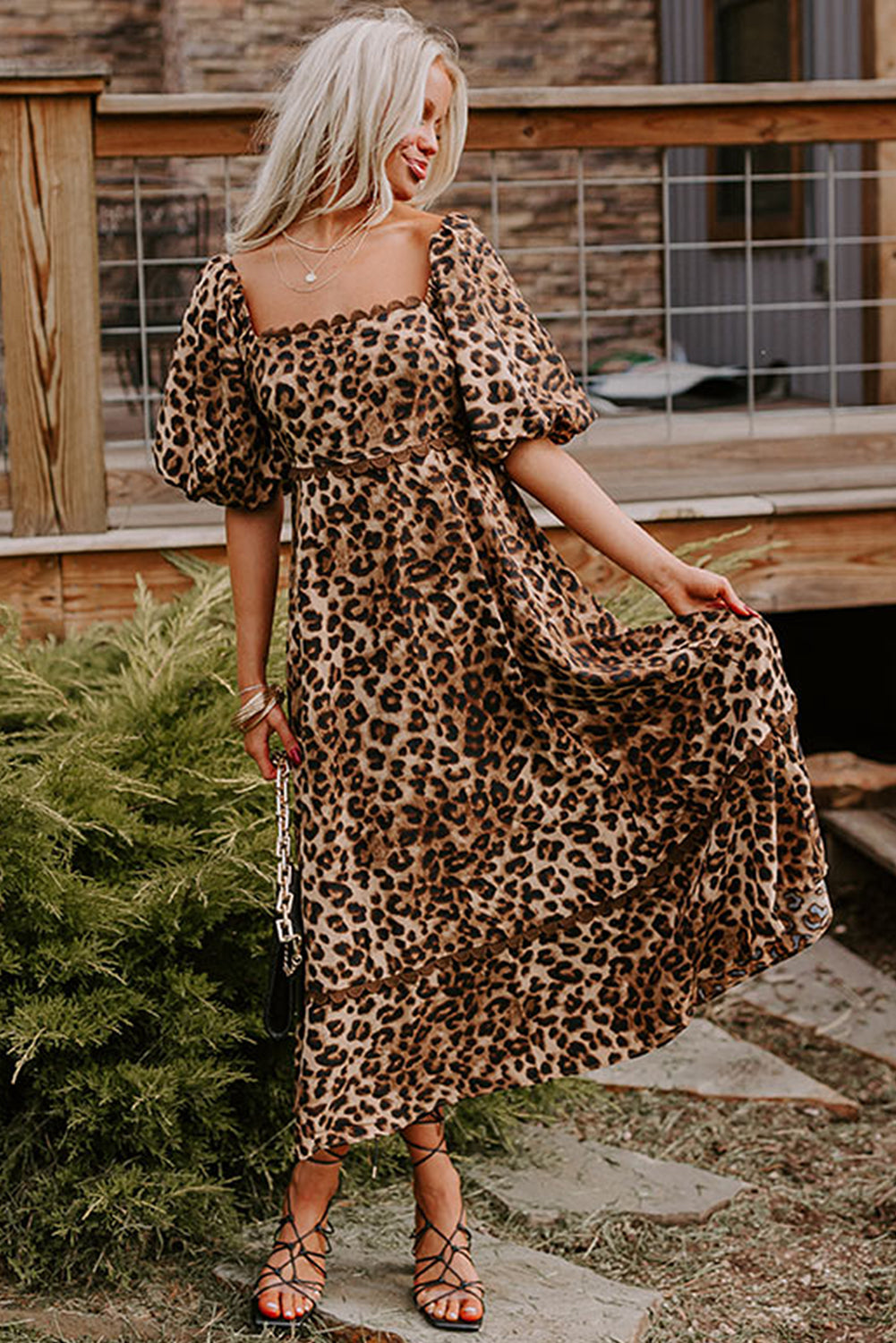 Brown Leopard Print Puff Sleeve Ricrac Maxi Dress