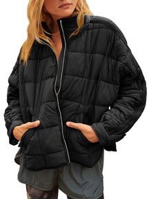 Pocketed Plaid Quilted Zip Up Winter Coat-True and Wild