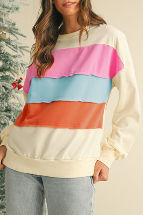 White Colorblock Patchwork Drop Sleeve Sweatshirt