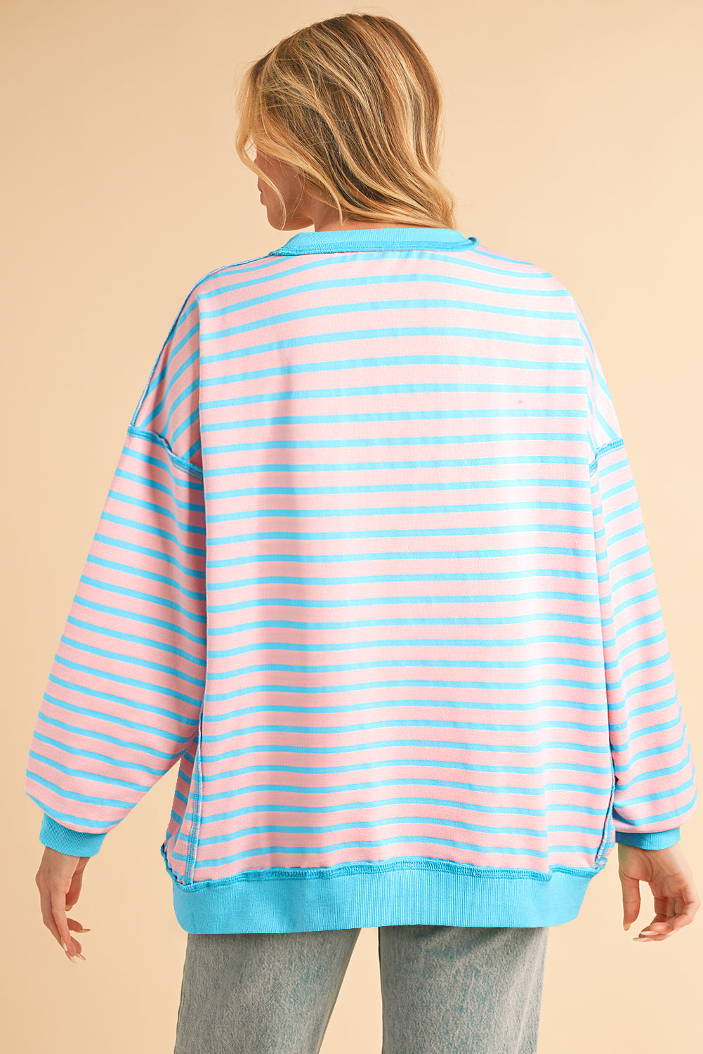 Pink Stripe Contrast Trim High Low Tunic Sweatshirt-True and Wild