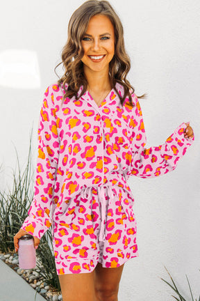 Orange Leopard Print Long Sleeve Shirt and Shorts Pajama Set