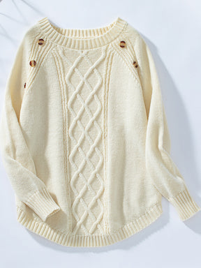 Decorative Button Round Neck Raglan Sleeve Sweater-True and Wild