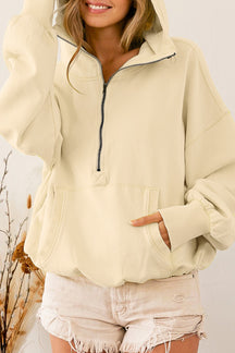 Yellow Solid Color Half Zip Pullover Hoodie with Kangaroo Pocket