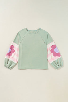 Smoke Green Flower Patchwork Exposed Seam Raglan Sleeve Top