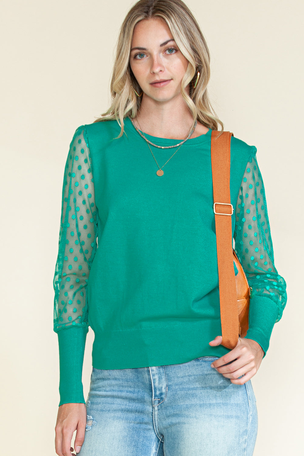 Green Dotted Mesh Puff Sleeve Top-True and Wild