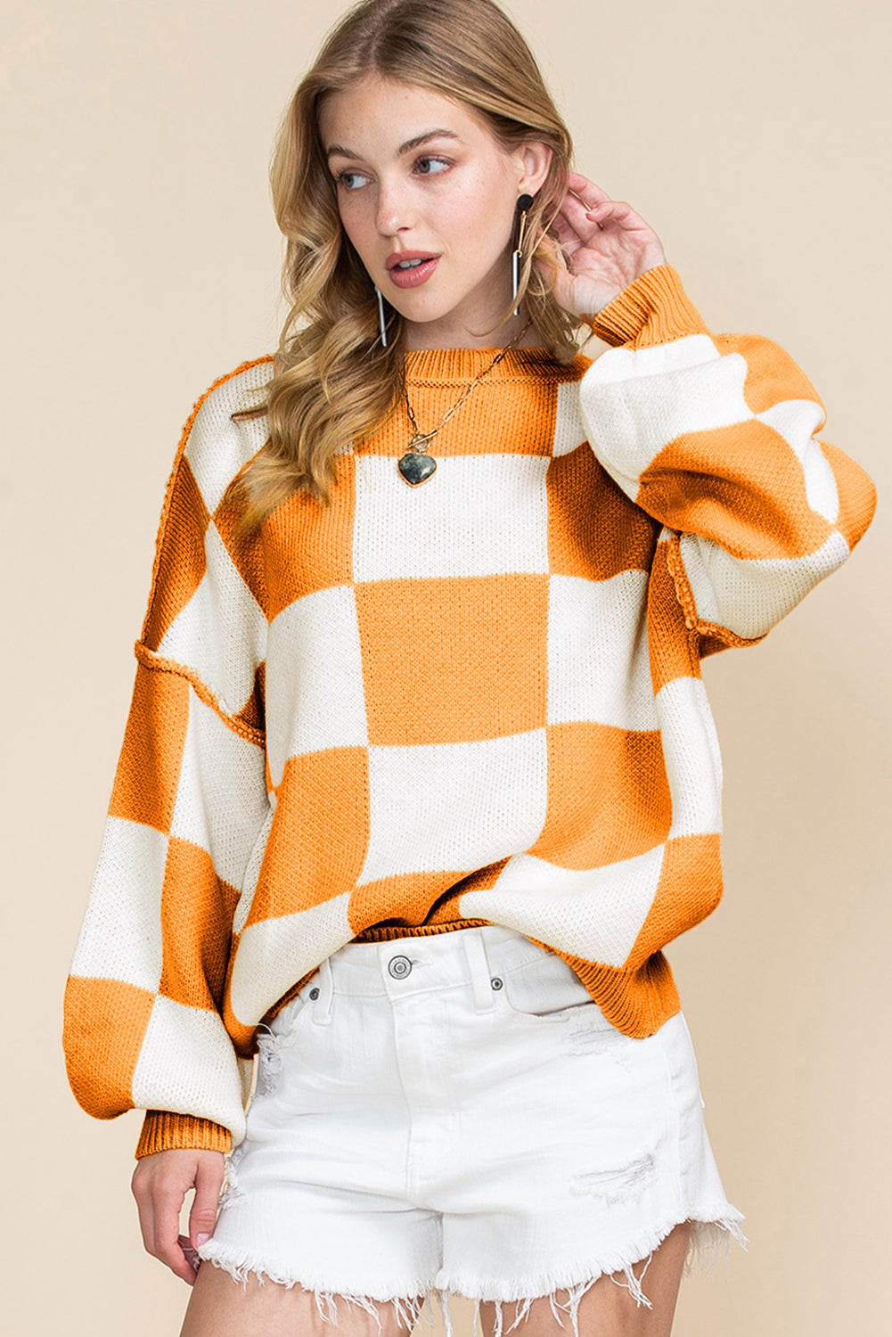 Orange & White Plaid Exposed Seam Bishop Sleeve Sweater-True and Wild