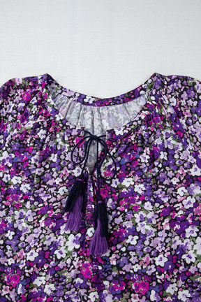 Floral Tie Neck Balloon Sleeve Blouse-True and Wild