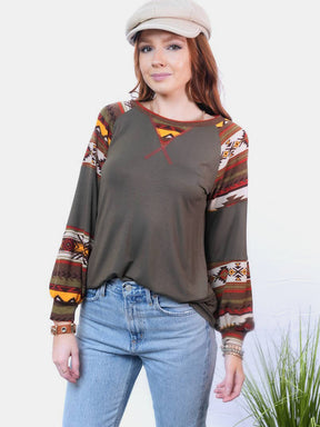 Celeste Full Size Geometric Round Neck Long Sleeve Top-True and Wild