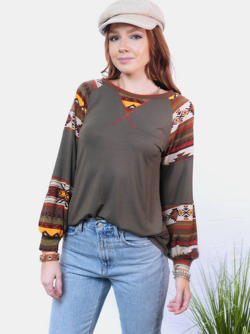 Celeste Full Size Geometric Round Neck Long Sleeve Top-True and Wild