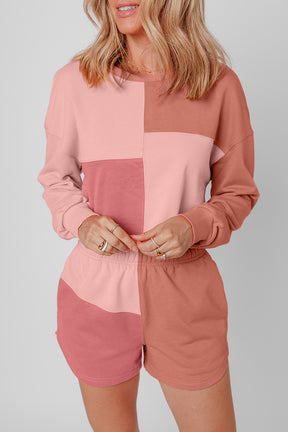 Peach Blossom Colorblock Long Sleeve Top & Pocketed Shorts Set-True and Wild