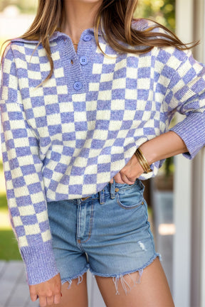 Plus Size Checkered Collared Neck Long Sleeve Sweater-True and Wild