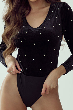 Pearl Detail Velvet V-Neck Long Sleeve Bodysuit-True and Wild