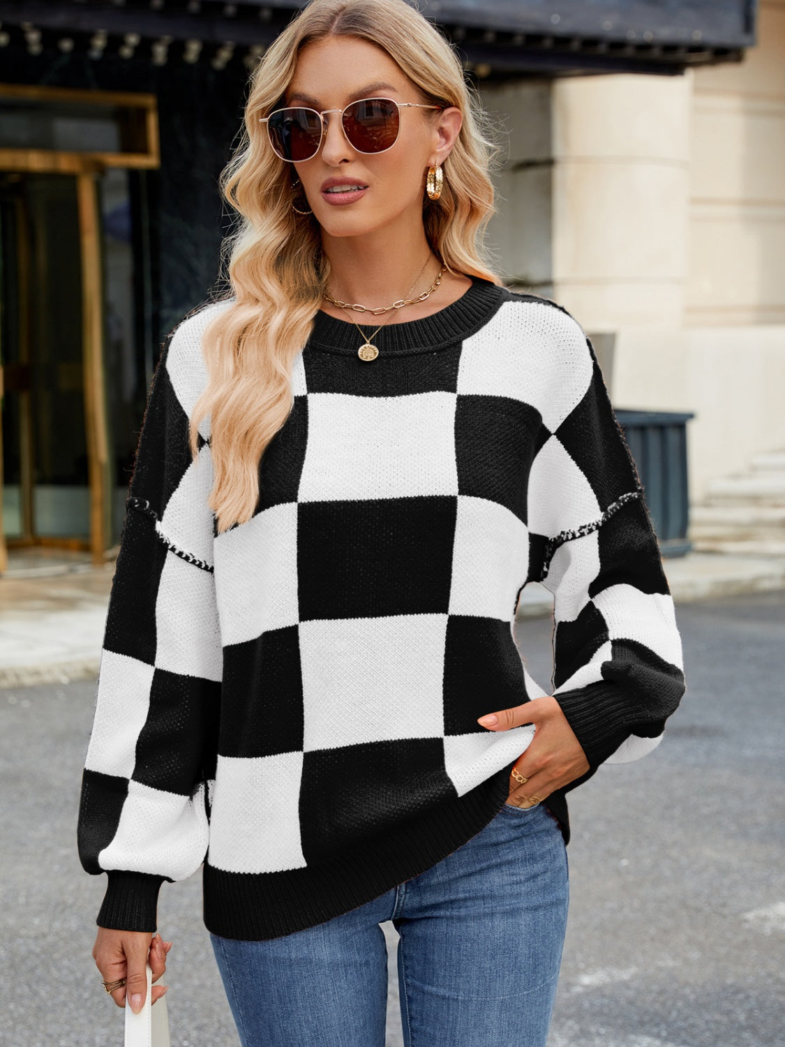 Checkered Round Neck Long Sleeve Sweater-True and Wild