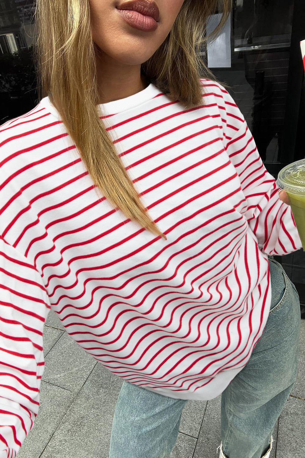 Burgundy Striped Long Sleeve Round Neck Loose Fit Sweatshirt