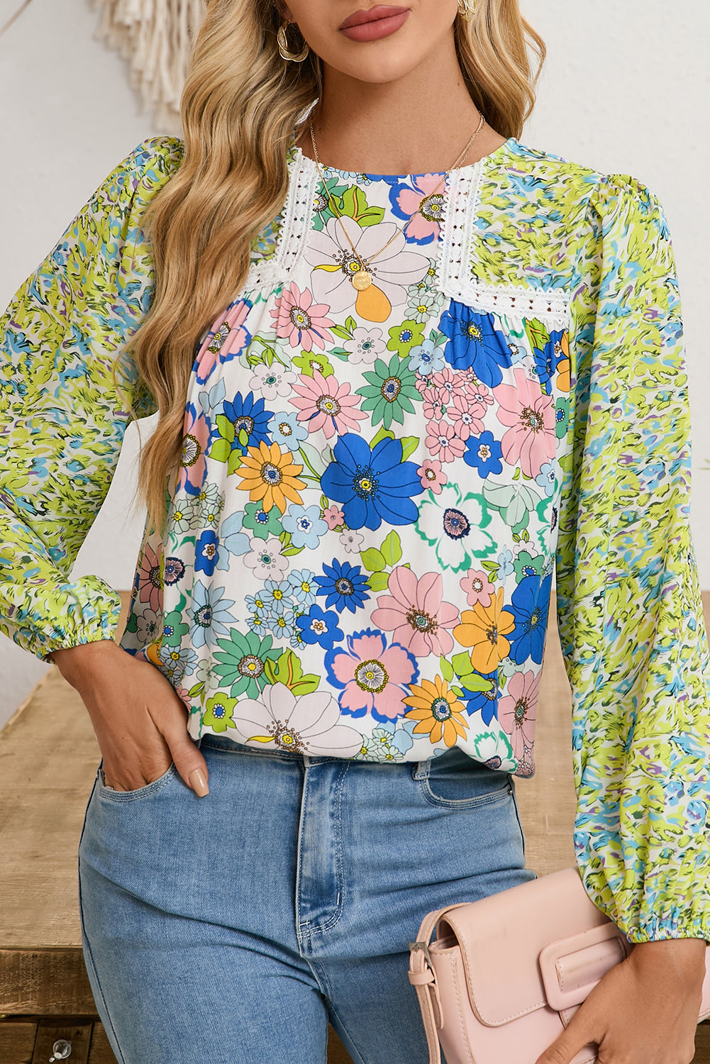 Green Bubble Sleeve Lace Detail Mixed Floral Blouse-True and Wild