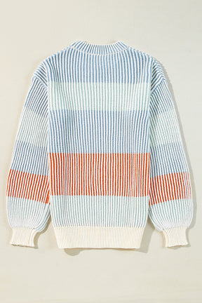 Striped Color Block Round Neck Long Sleeve Sweater