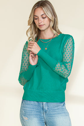 Green Dotted Mesh Puff Sleeve Top-True and Wild