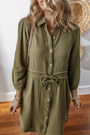 Jungle Green Textured Bracelet Sleeve Button Up Mini Dress-True and Wild