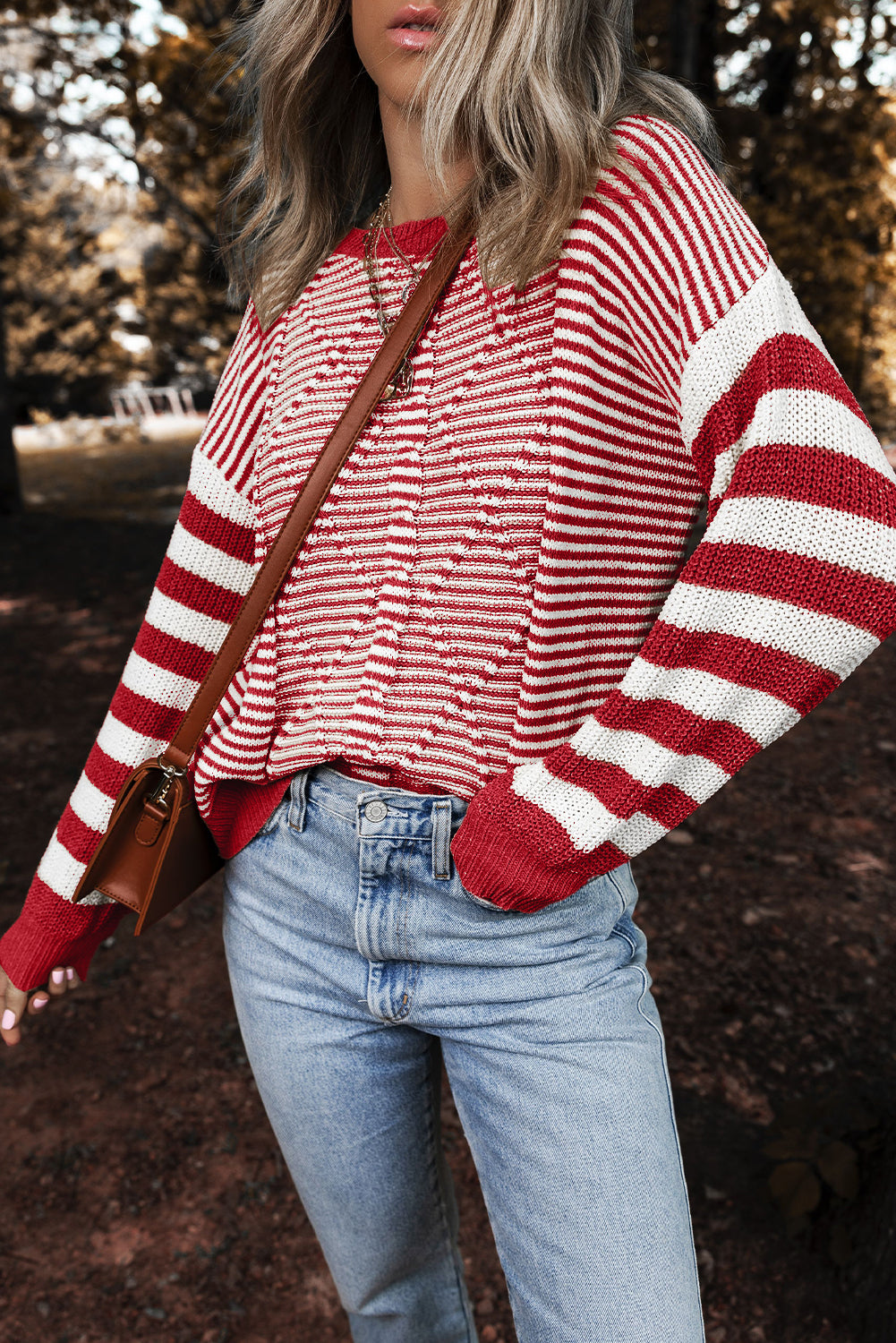 Red Stripe Twisted Knitted Drop Shoulder Sweater-True and Wild