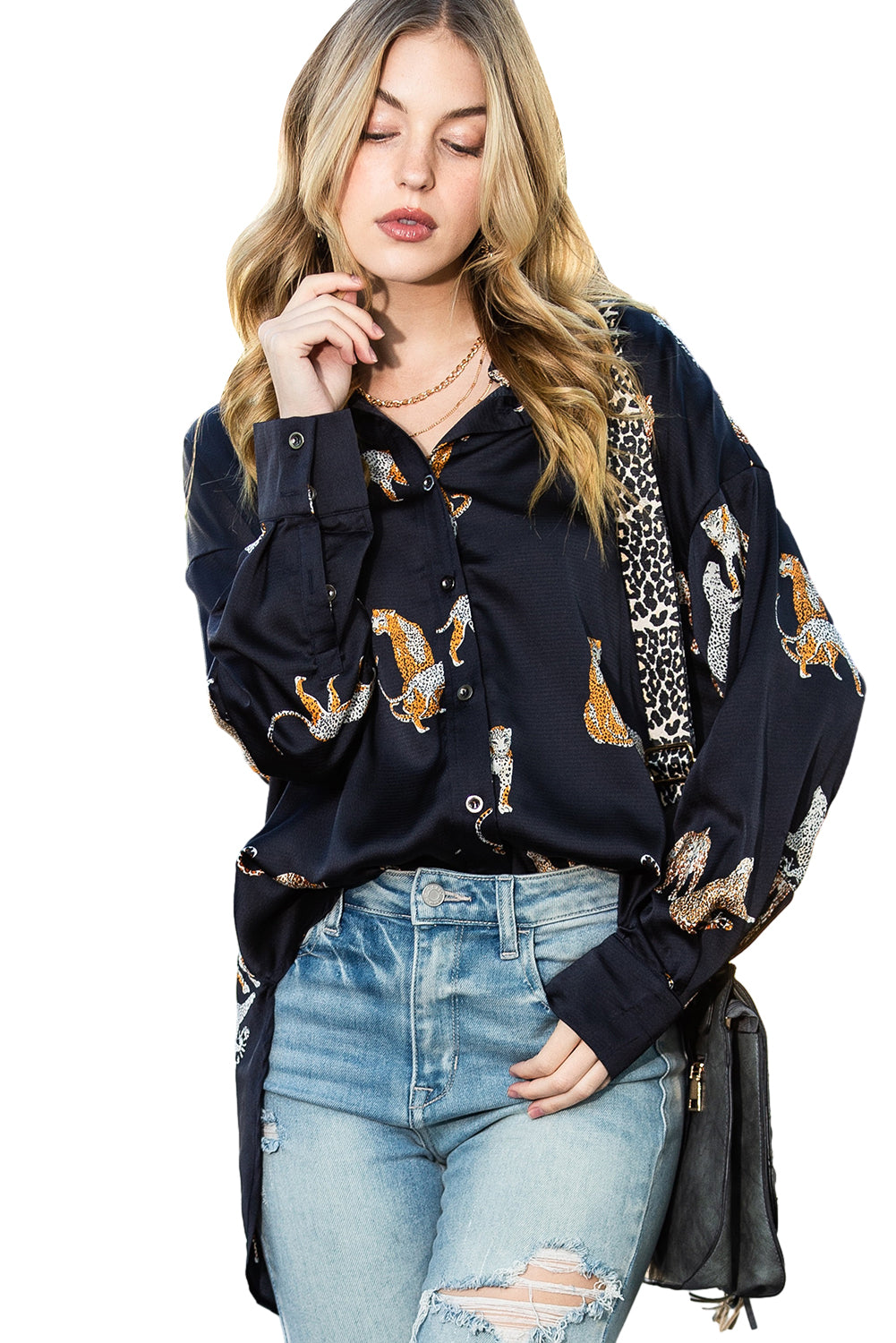 Black Animal Print Button Up Satin Shirt-True and Wild