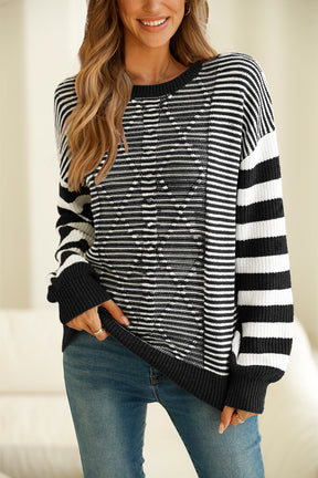 Red Stripe Twisted Knitted Drop Shoulder Sweater-True and Wild