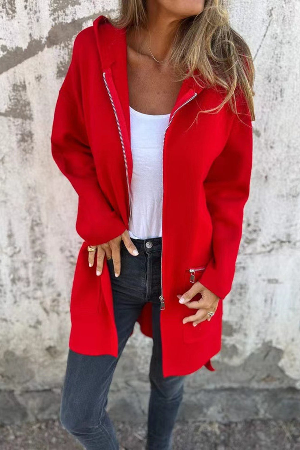 Fiery Red Solid Color Casual Zipper Hooded Jacket-True and Wild