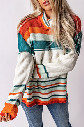 Contrast Striped Turtleneck Dropped Shoulder Sweater-True and Wild