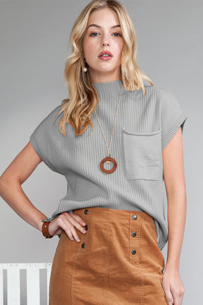 Beau Blue Patch Pocket Ribbed Knit Short Sleeve Sweater-True and Wild