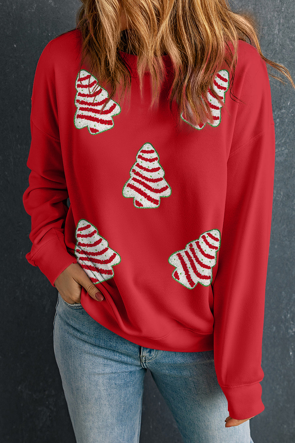 Red Playful Christmas Tree Patched Dropped Shoulder Sweatshirt-True and Wild