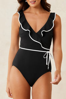 Black Color Contrast Ruffled Wrap V Neck Swimsuit