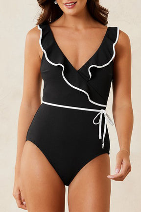 Black Color Contrast Ruffled Wrap V Neck Swimsuit