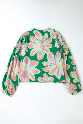 Green Floral Pleated Puff Sleeve Blouse-True and Wild