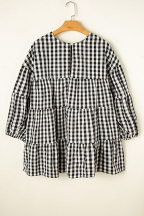 Black Plaid Drop Sleeve Tiered Oversized Blouse-True and Wild