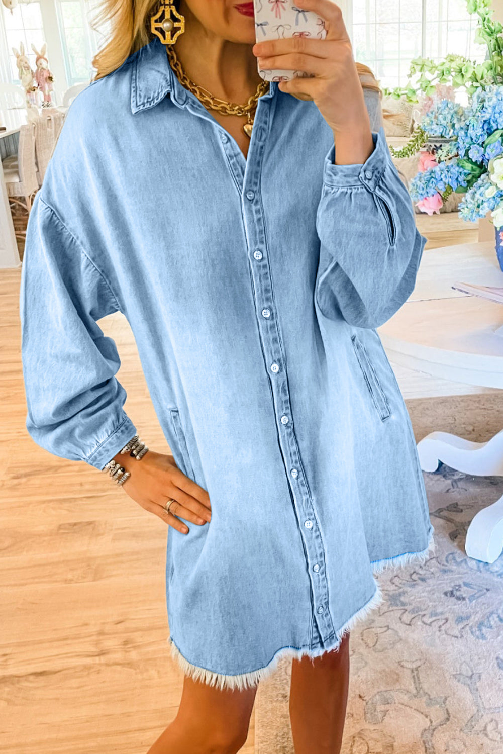 Beau Blue Washed Raw Hem Denim Shirt Dress-True and Wild