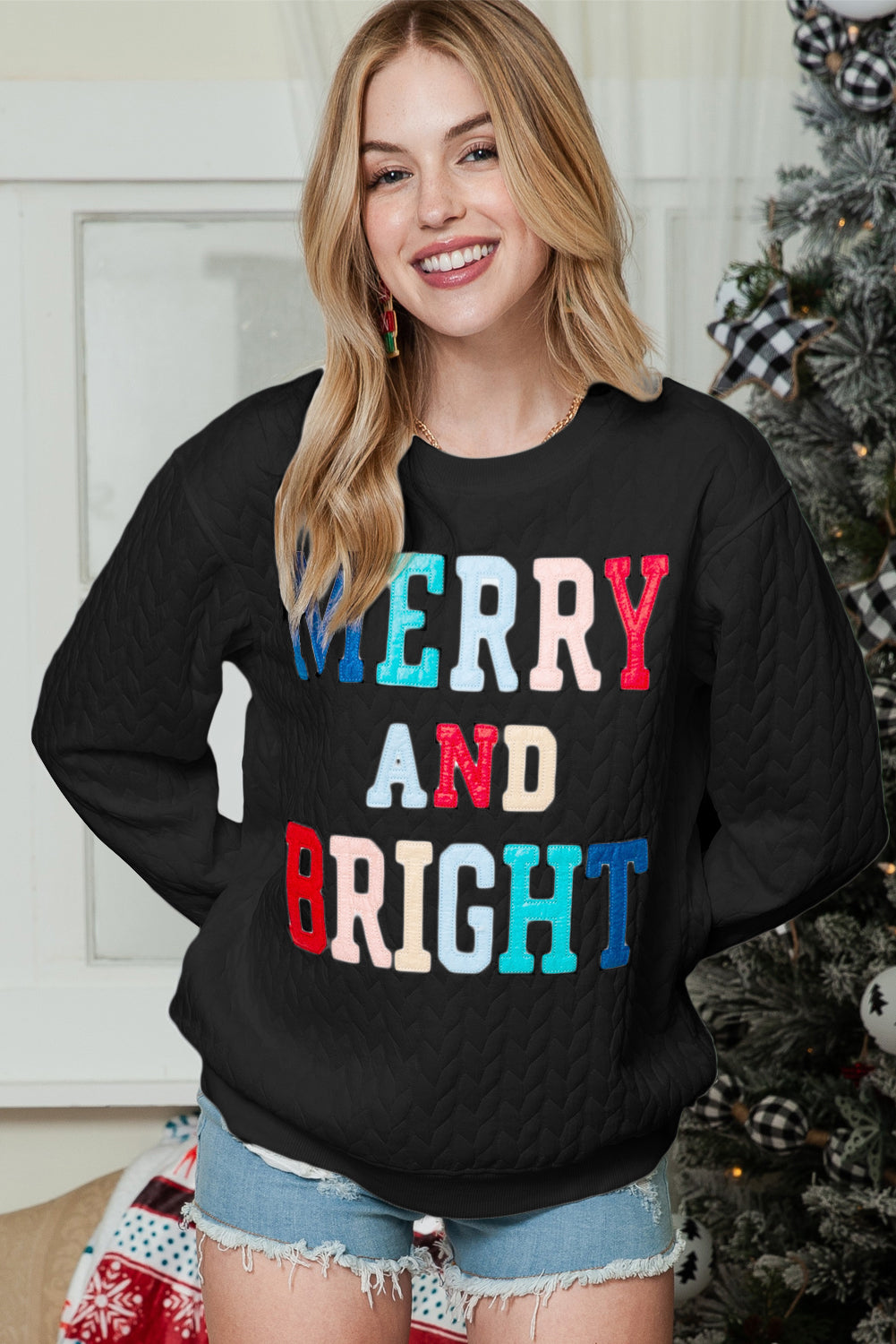 Black Merry and Bright Quilted Sweatshirt-True and Wild