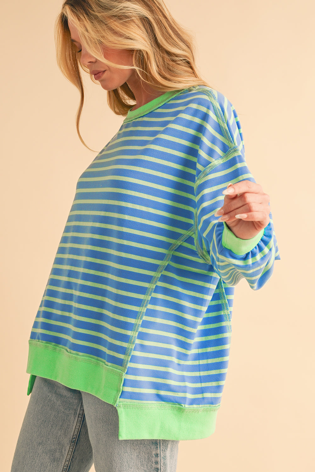 Pink Stripe Contrast Trim High Low Tunic Sweatshirt-True and Wild