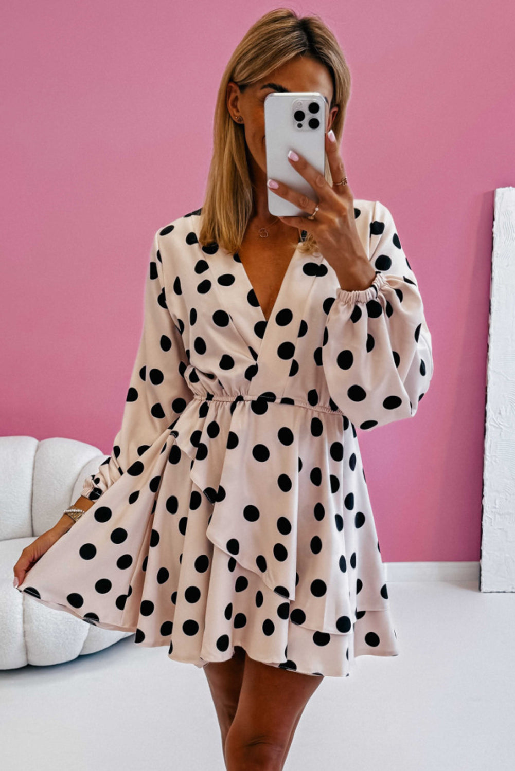 Beige Polka Dot Print Surplice V Neck Puff Sleeve Mini Dress-True and Wild