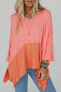 Grapefruit Orange Colorblock V Neck Slits Oversized Top-True and Wild