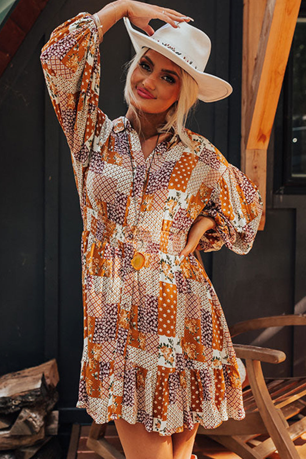 Orange Boho Floral Puff Sleeve Smocked Waist Mini Shirt Dress-True and Wild