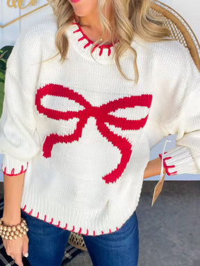 Bow Round Neck Long Sleeve Sweater-True and Wild