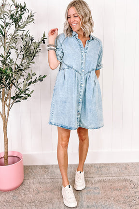 Blue Mineral Washed Ruffled Short Sleeve Pocketed Denim Dress-True and Wild