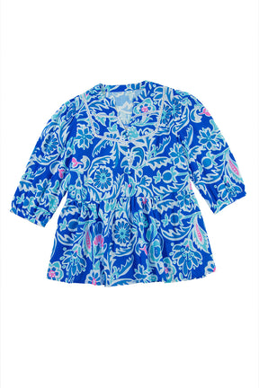 Blue Boho Floral Print V Neck Peplum Blouse-True and Wild