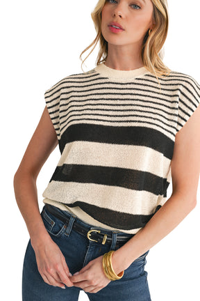 Black White Striped Sleeveless Knit Top-True and Wild