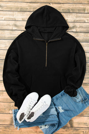 Black Half Zipper Kangaroo Pockets Drop Shoulder Hoodie-True and Wild