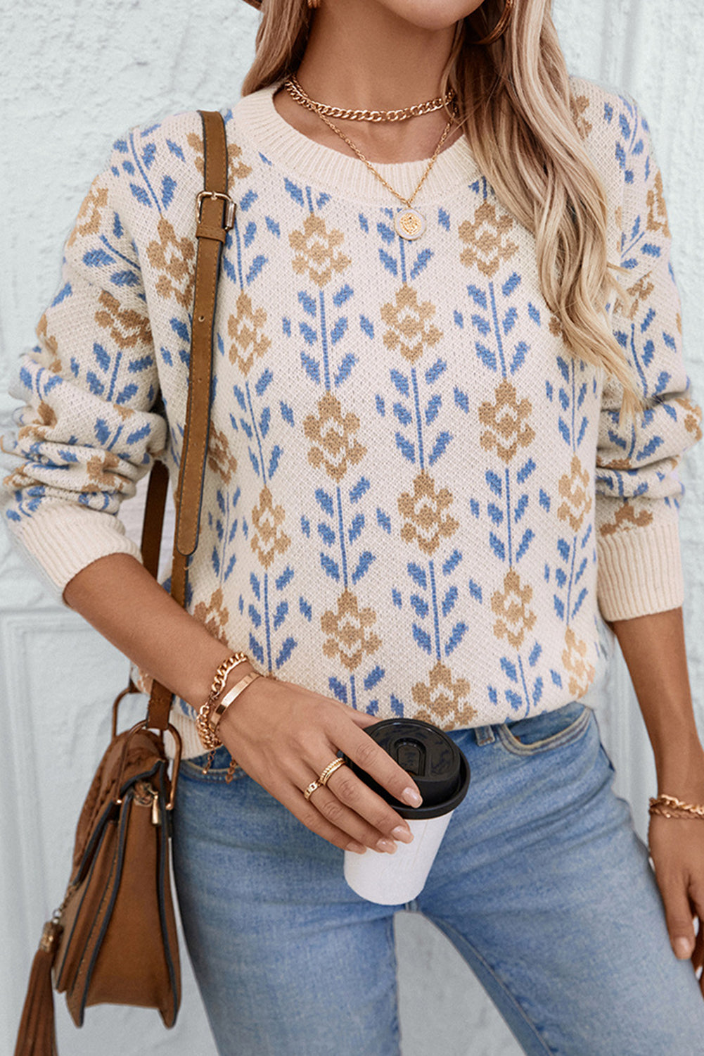 Sweaters - Apricot Floral Pattern Crew Neck Sweater