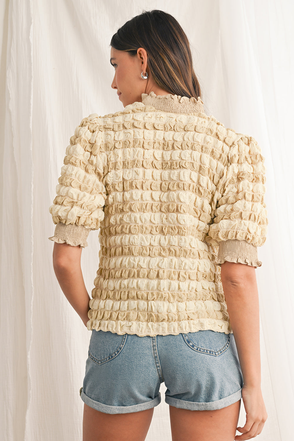 Beige Textured Frill Trim Smocked Puff Sleeve T Shirt-True and Wild