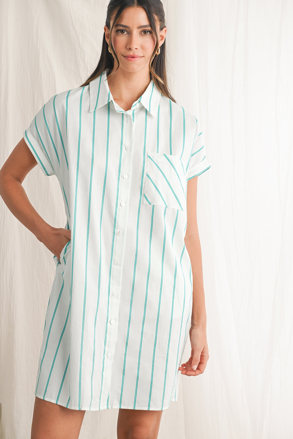 Mint Green Striped Pocket Short Sleeve Mini Dress-True and Wild